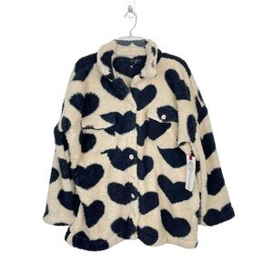 Dictionary Heart Print Sherpa Button Down Sweater, Medium
